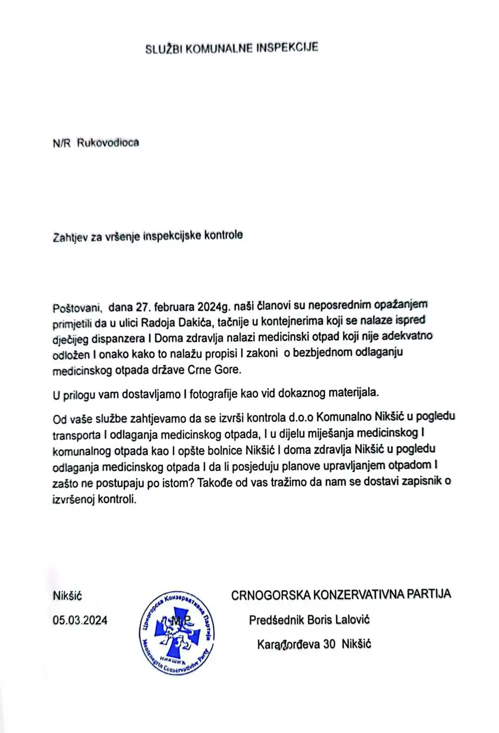 Nikšić: Crnogorska konzervativna partija podnijela prijavu zbog neadekvatnog odlaganja medicinskog otpada
