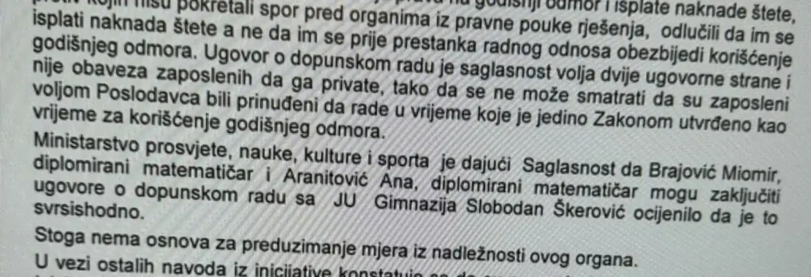 Vučurović: Rađeno po saglasnosti Ministarstva prosvjete, nauke, kulture i sporta