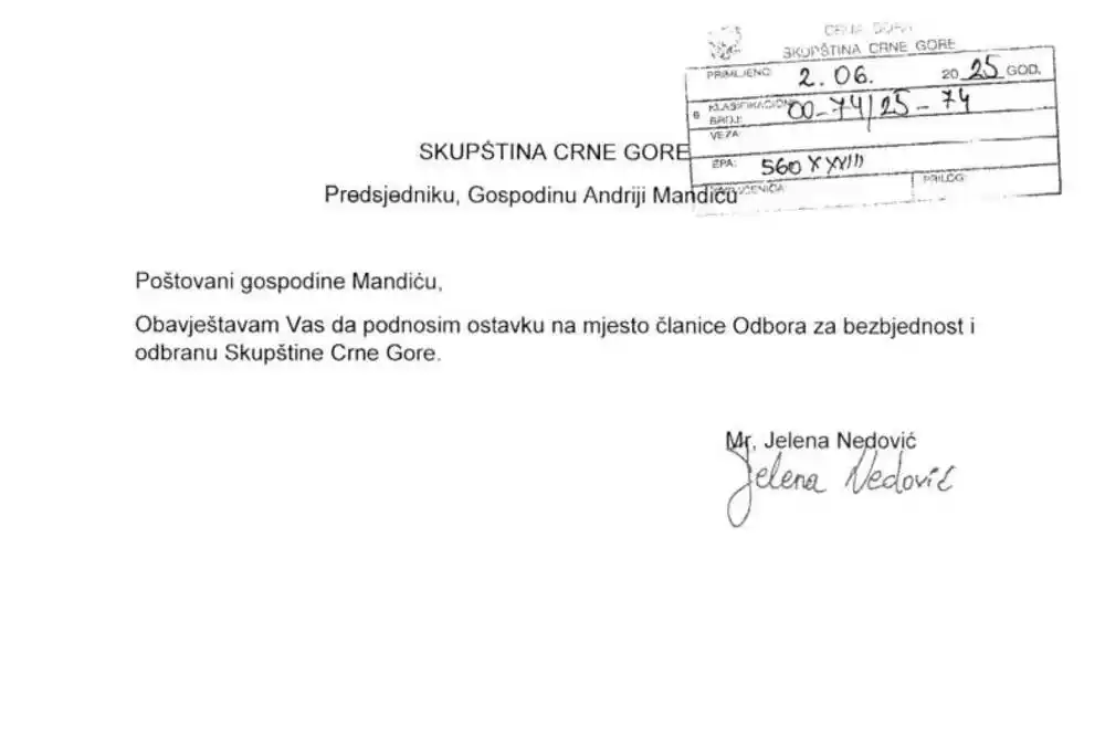 Jelena Nedović podnijela ostavku na mjesto članice Odbora za bezbjednost i odbranu