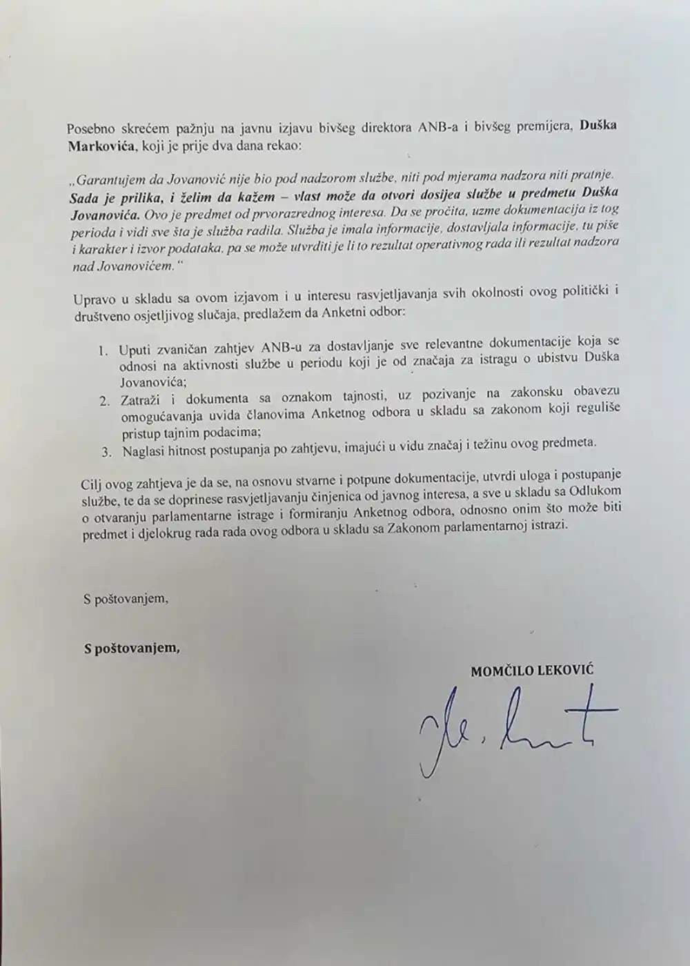 Leković: Anketni odbor da traži ANB-u dokumentaciju u vezi sa ubistvom Jovanovića