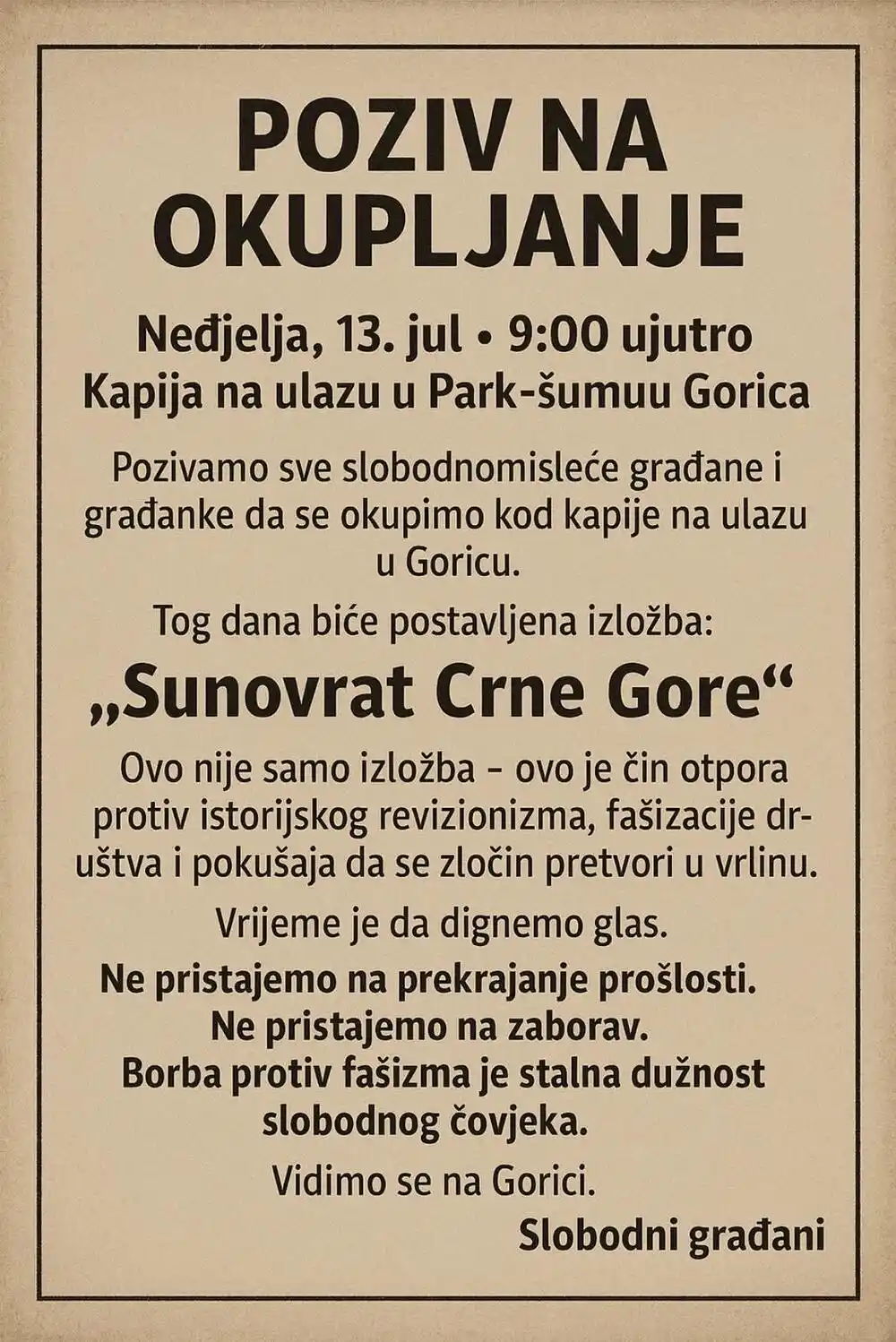 Grupa građana pozvala na okupljanje u nedjelju