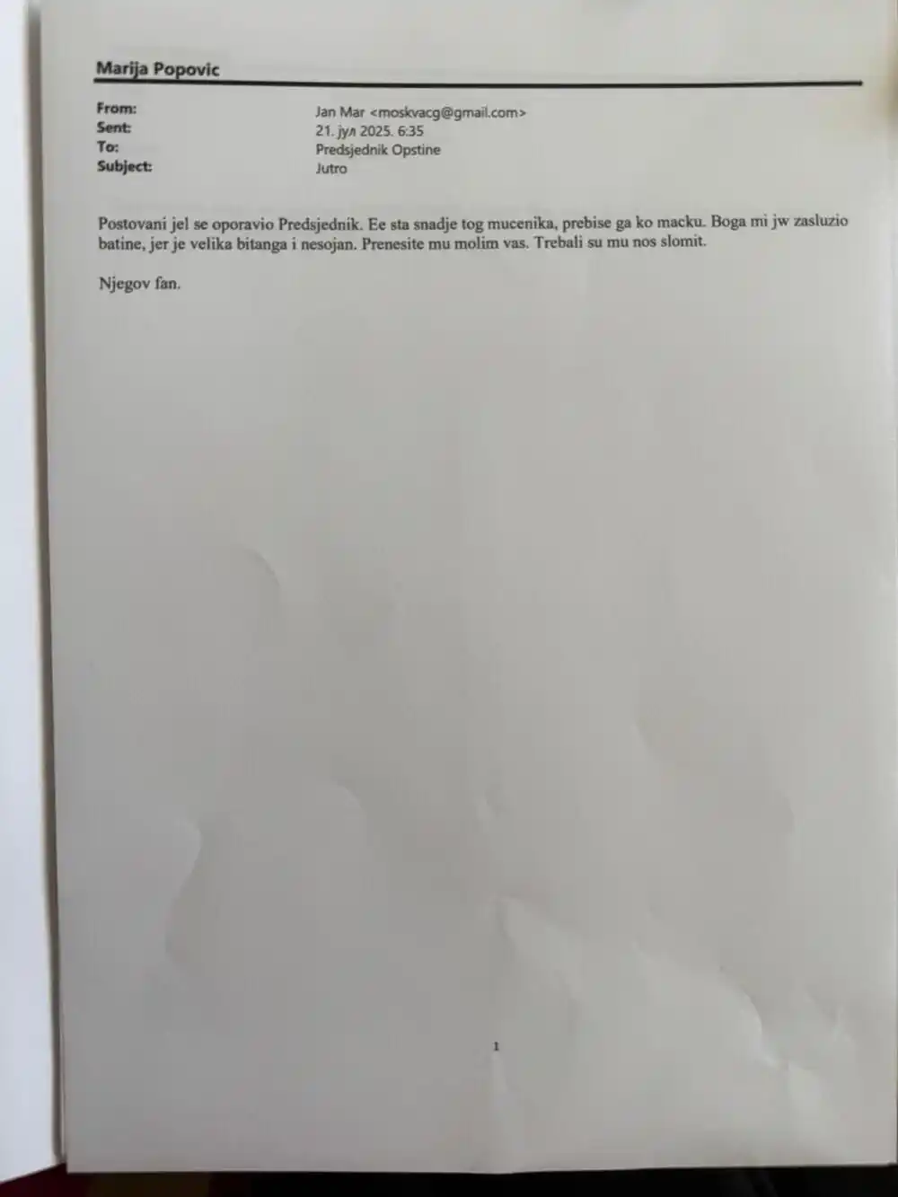 Stigle prijeteće poruke za Jovanovića: Sledeći put da mu slome nos i obje ruke i noge