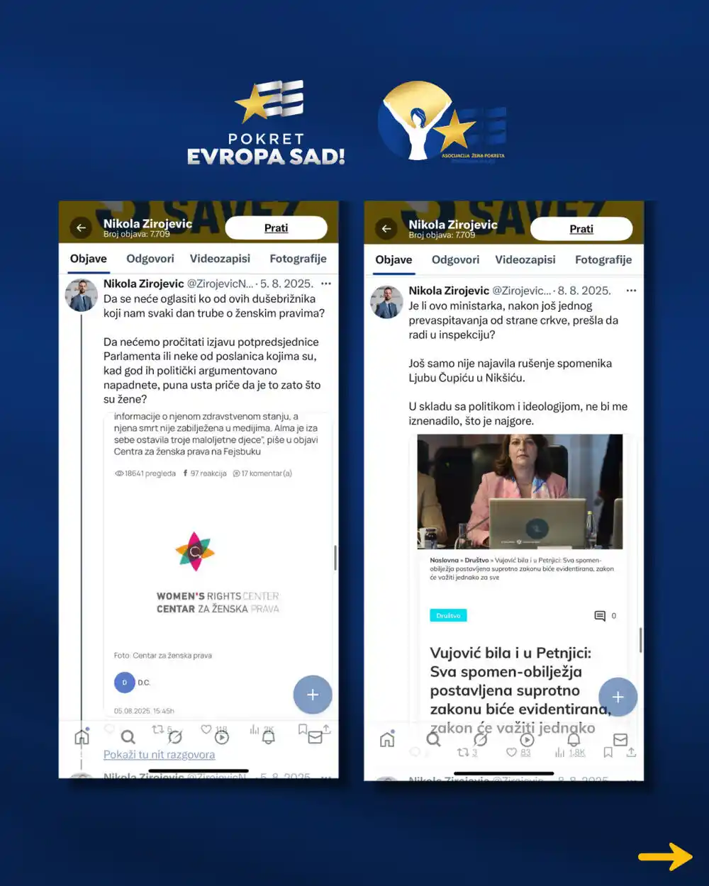 Asocijacija žena PES-a: Zirojević postao prepoznatljiv po omalovažavanju žena koje ne dijele njegovo mišljenje