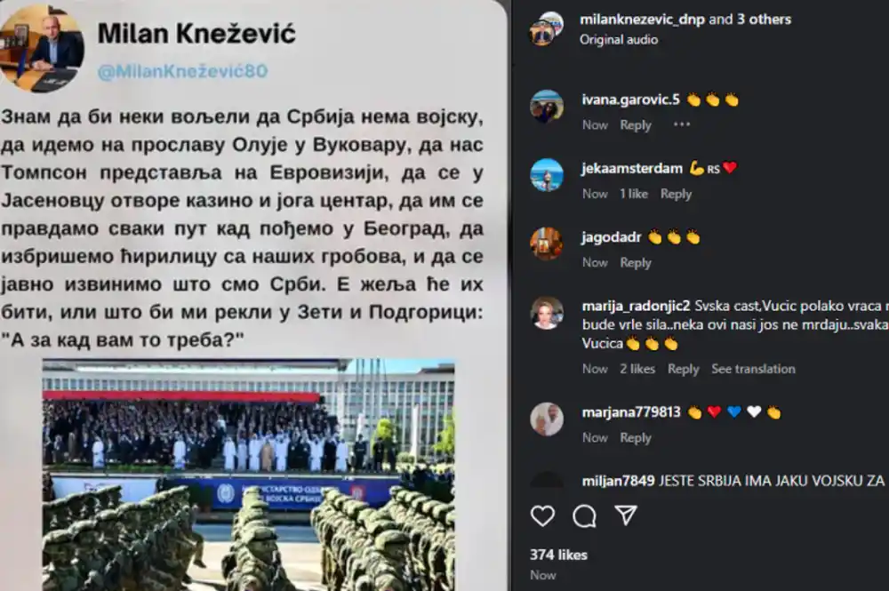 Knežević: Neki bi voljeli da Srbija  NEMA Vojsku i da se  PRAVDAMO svaki put kad pođemo u Beograd