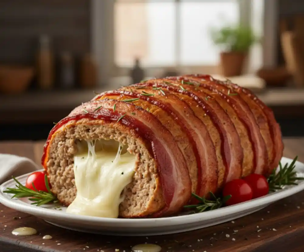 Vekna od mesa punjena sirom i uvijena u slaninicu