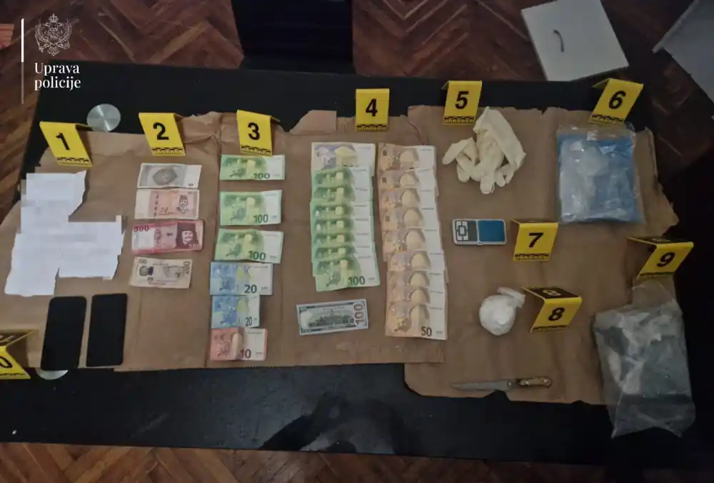 Policija u Danilovgradu zaplijenila 700 grama kokaina, novac i telefone sa kripto zaštitom: Uhašena dva lica