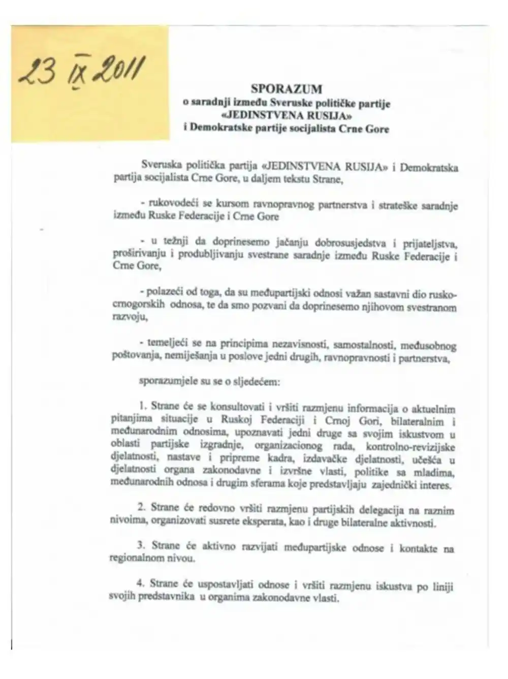 Nikolić donio u Skupštinu sporazum DPS-a i Putinove partije: Nema ni slova o tome da ćemo zaustaviti EU integracije