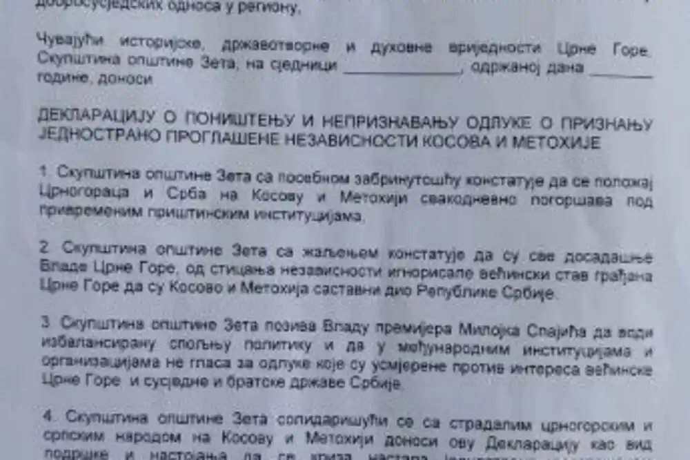 Deklaracija o povlačenju priznanja Kosova na teritoriji Zete predata lokalnom parlamentu