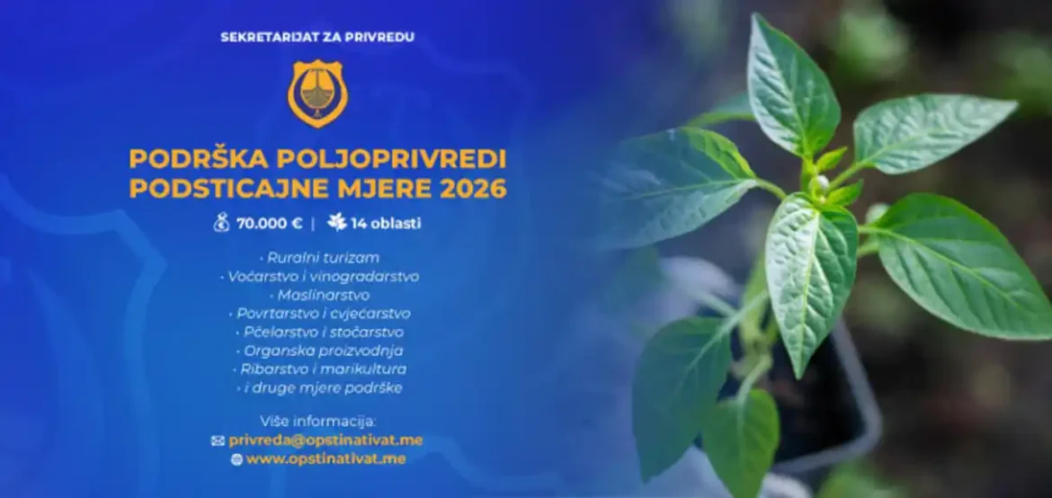 Tivat: Opštinski Sekretarijat za privredu donio Plan podsticajnih mjera u poljoprivredi za 2026. godinu