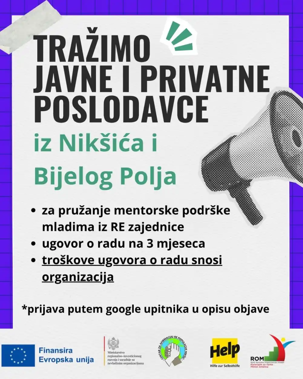 NVO „Centar za afirmaciju RE populacije“ otvorila javni poziv za poslodavce u Nikšiću i Bijelom Polju