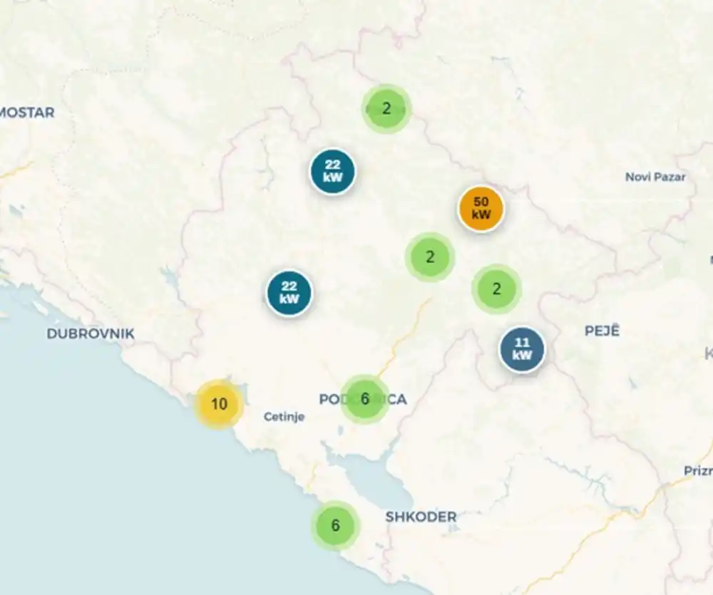 Mapa punjača za električna vozila u Crnoj Gori