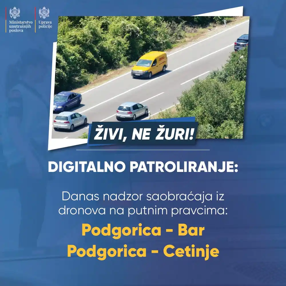 Policija danas dronom snima saobraćajne prekršaje na putnim pravcima Podgorica – Bar i Podgorica – Cetinje